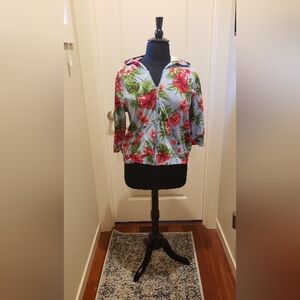 Vintage Oleg Cassini Sport Floral Zip-Up Hoodie - Light Blue and Red